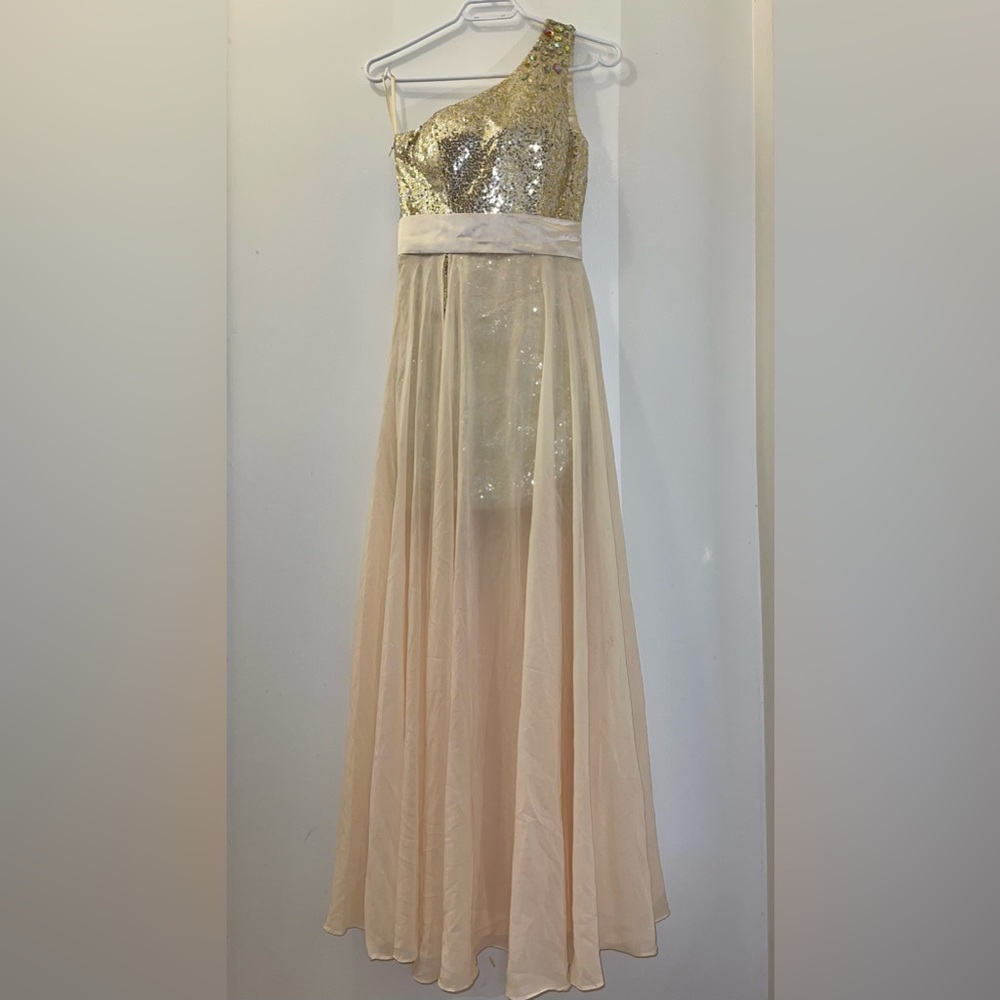 ONE SHOULDER SEQUINS DRESS WITH CHIFFON OVERLAYS PROM DRESS EVENING DRESS
